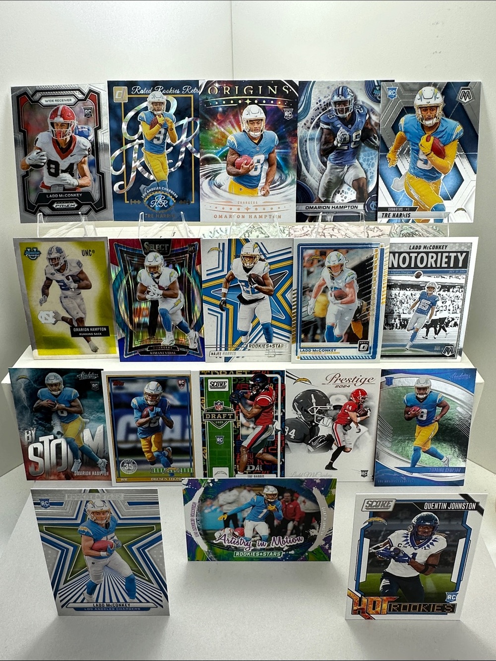 Chargers lot of 18 w/ 14 rookie cards of Hampton/Johnston/McConkey/Harris/Vidal